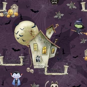 Baumwoll Druck Halloween Häuser und Gespenster auf Lila